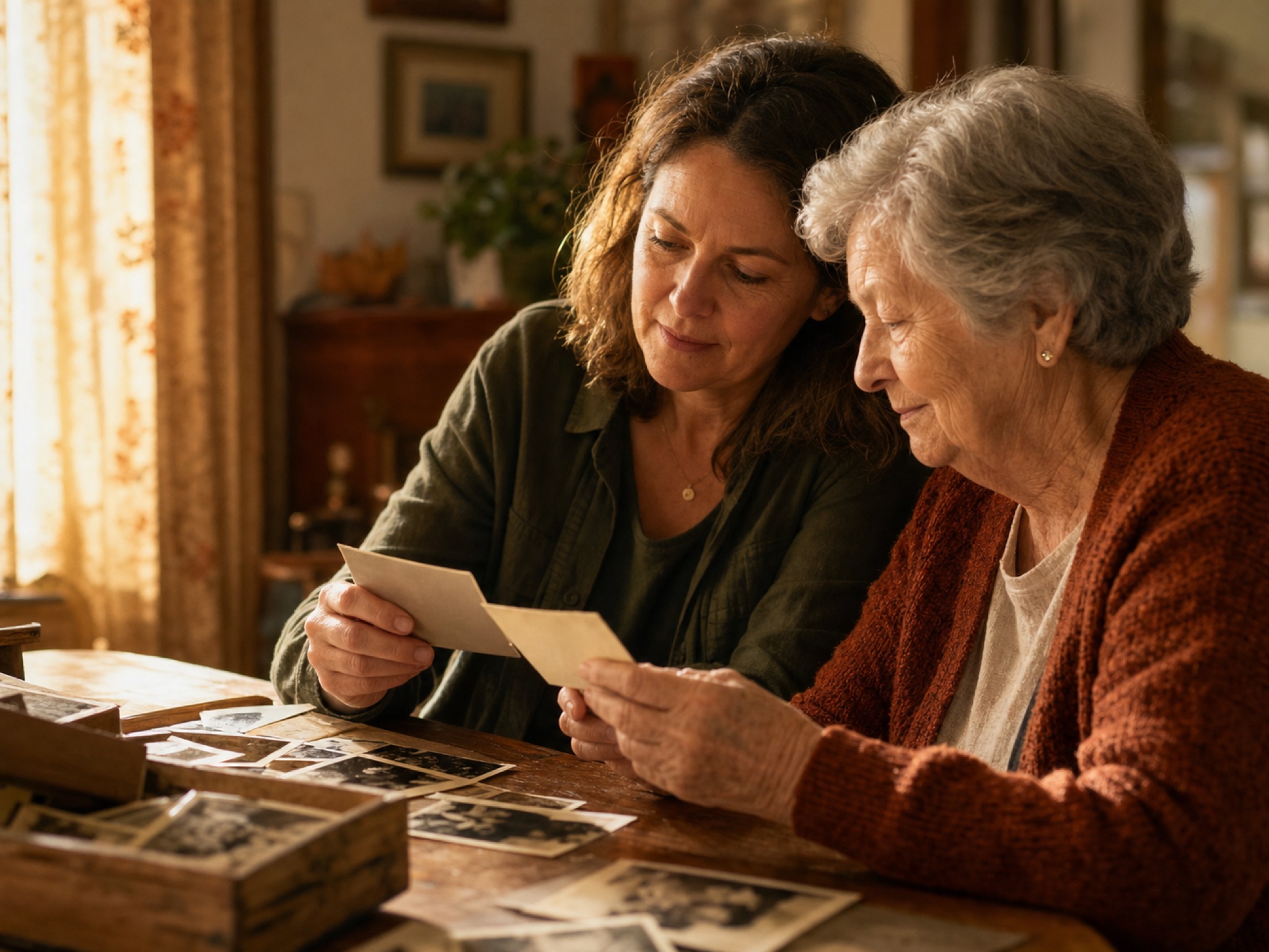 An adult child and an older parent looking through printed family photos together